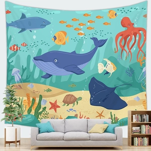 Detailed view of ocean life wall tapestry in a minimalist living room setting