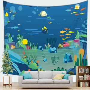 Detailed view of ocean life tapestry with colorful fish and coral hanging over a sofa