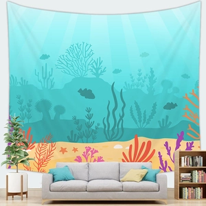 Cartoon ocean coral reef wall tapestry with vibrant sea plants and fish for home decor