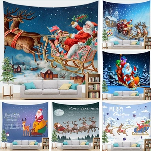Christmas Santa Claus Reindeer Sleigh Tapestry Wall Hanging Polyester Fabric Winter Snow Scene Festival Home Living Room Decor
