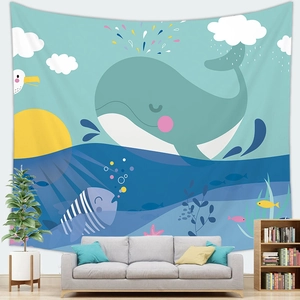Cartoon deep sea ocean tapestry with blue whale and marine life for home wall decor