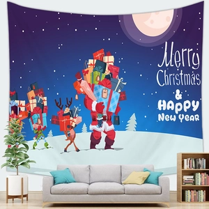 Detail view of cartoon Santa Claus and reindeer tapestry hanging over a living room sofa