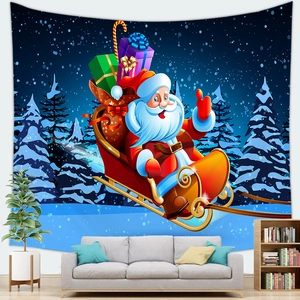 Detailed Christmas wall tapestry featuring Santa sleigh in a snowy night forest scene