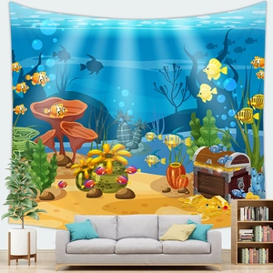 Detail of a cartoon ocean world tapestry with tropical fish and coral over a modern sofa