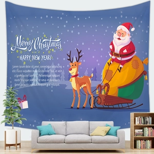Detailed view of the Christmas tapestry with Santa Claus on a sleigh over the sofa