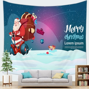 Christmas tapestry with Santa and reindeer sleigh displayed over a modern gray sofa