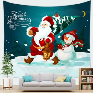 Merry Christmas tapestry with Santa Claus and Snowman on a dark teal festive backdrop