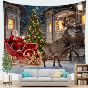 Detailed view of Christmas Santa Claus sleigh tapestry hung on a modern living room wall