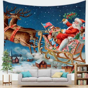 Vintage Christmas tapestry with Santa Claus and reindeer sleigh over snowy village