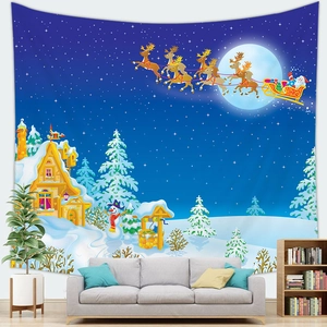 Christmas tapestry featuring Santa Claus, reindeer, and full moon over snowy village scene