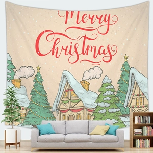 Detailed Christmas wall tapestry featuring snowy village houses and festive holiday decor