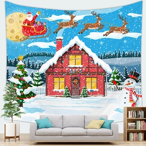 Christmas tapestry featuring Santa Claus and snowman displayed over a modern sofa