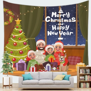 Detail of Merry Christmas wall tapestry showing a cartoon family scene on polyester fabric