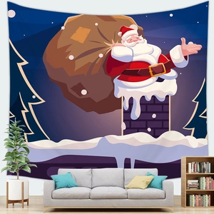 Detail of Christmas Santa tapestry featuring vibrant fabric texture in a cozy living room decor