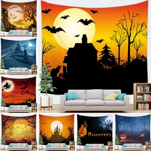 Halloween peach skin tapestry with spooky castle and pumpkin designs for wall decor