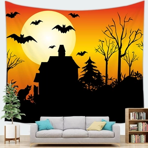 Halloween tapestry with castle and bat silhouettes on orange background for living room