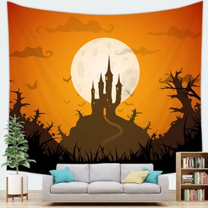 Halloween tapestry with gothic castle and orange moon displayed in a cozy living room
