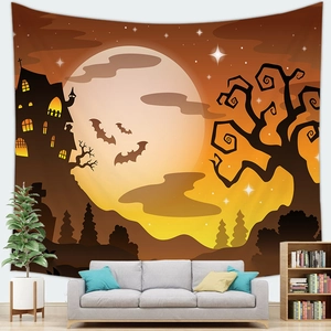 Macro detail of Halloween tapestry texture featuring moon and spooky castle design