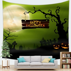 Detailed Halloween wall tapestry with spooky pumpkin, full moon, and cemetery silhouettes