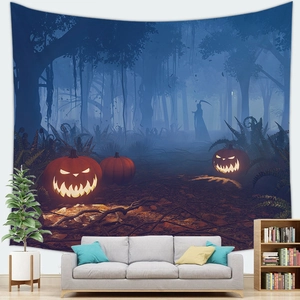 Macro detail of Halloween tapestry featuring spooky pumpkin lanterns and grim reaper