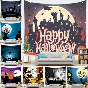 Halloween Thema Wandtapijt Polyester 3D Print Kasteel Pompoen Vleermuis Wanddecoratie Achtergrond Voor Thuis Woonkamer Feest Decoratie