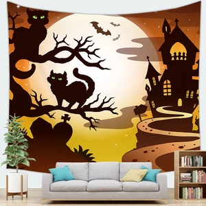 Halloween wandkleed met spookkasteel en zwarte katten als decoratie voor de woonkamer