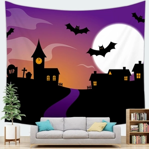 Halloween wandkleed met vleermuizen en begraafplaats boven een grijze bank