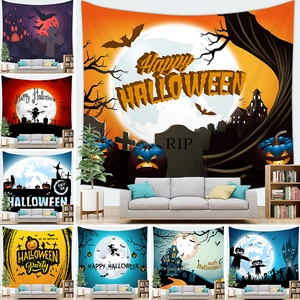 Halloween Tapestry Wall Hanging Polyester Pumpkin Ghost Castle Witch For Living Room Bedroom Party Home Decor