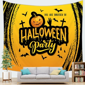 Detail of Halloween party wall tapestry hanging over a sofa in a modern living room
