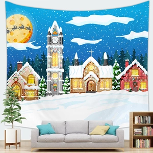 Christmas tapestry with Santa reindeer silhouette and snowy European town decor