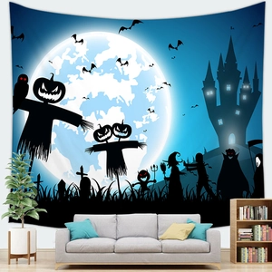 Detail view of Halloween pumpkin scarecrow tapestry hung over a sofa in a living room