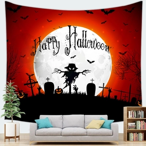 Detail showing Halloween pumpkin scarecrow tapestry as a living room sofa backdrop
