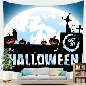 Halloween wall tapestry featuring pumpkin lantern and black cat in modern living room décor