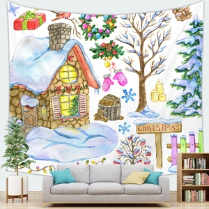 Watercolor Christmas tapestry with snow cabin and festive trees over a modern sofa