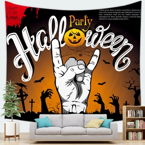 Halloween Party wall tapestry with spooky pumpkin and graveyard scene for home decor