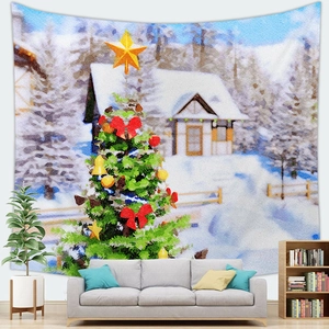 Christmas tree wall tapestry featuring festive ornaments and snowy cabin for home decor
