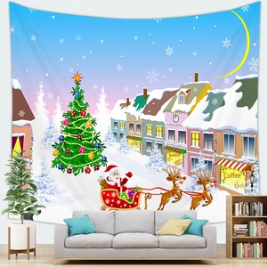Cartoon Christmas tree tapestry showing Santa Claus flying over a snowy winter town
