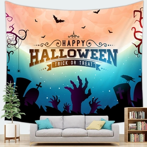 Spooky Halloween wall tapestry with graveyard design and Happy Halloween text for home decor