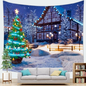 Christmas tree tapestry with snowy forest cabin for cozy holiday home wall decoration