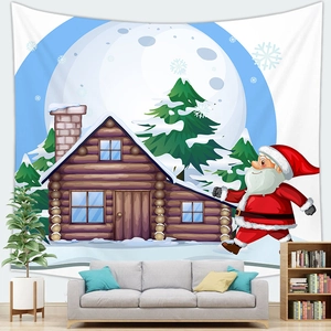 Cozy living room interior with a Christmas tapestry featuring Santa and snow house