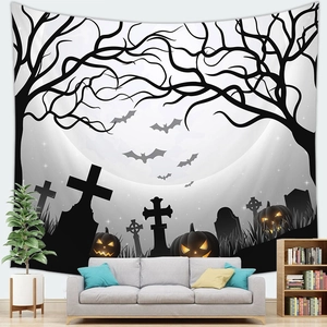 Detailed view of Halloween tapestry featuring a moonlit graveyard with pumpkins and bats