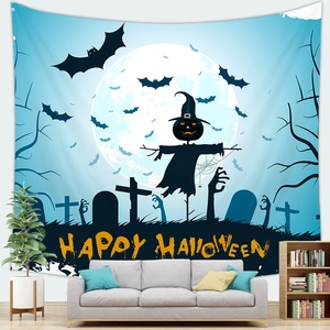 Halloween tapestry hanging in a living room scene with scarecrow and moon design