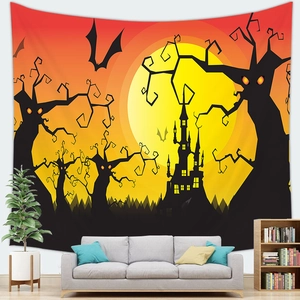 Detailed view of Halloween rabbit tapestry with ghost castle and bats on a living room wall
