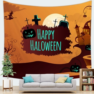 Halloween peach skin tapestry with witch and pumpkin silhouette on orange background