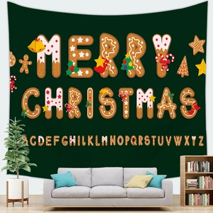 Green Christmas tapestry with gingerbread alphabet and Merry Christmas text for home wall decor