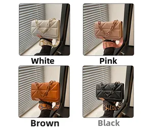 Quilted flap crossbody bags in white, pink, brown, and black with wide stylish straps
