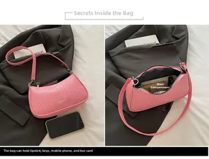 Detail showing pink crescent bag interior space and woven texture for daily essentials