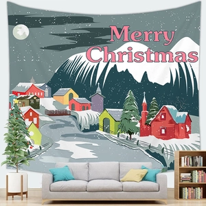 Close-up of peach skin tapestry featuring cartoon snowy village and Merry Christmas text