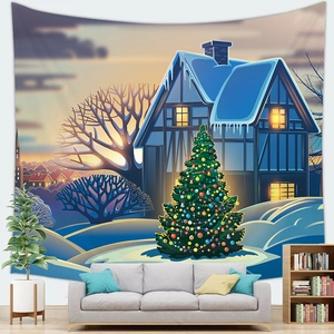 Christmas snowy winter landscape tapestry with decorated tree over a cozy grey sofa