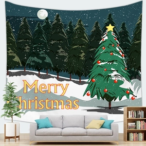 Detail of Christmas wall tapestry featuring a winter forest snow scene and a festive tree